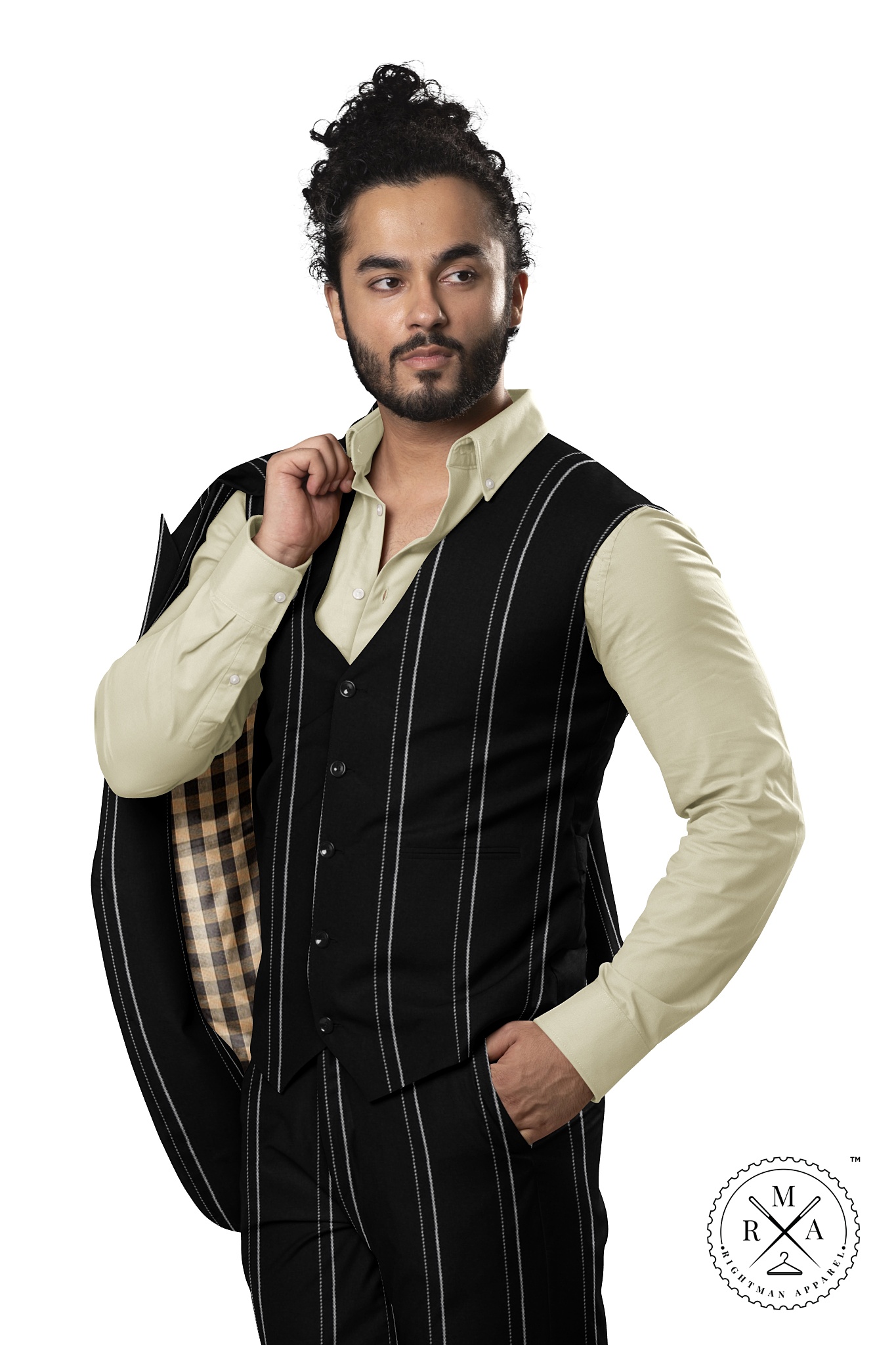 Solid Black Three Piece Suit With White Pinstripes SU61